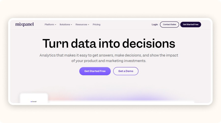Mixpanel homepage with the slogan “Turn data into decisions,”