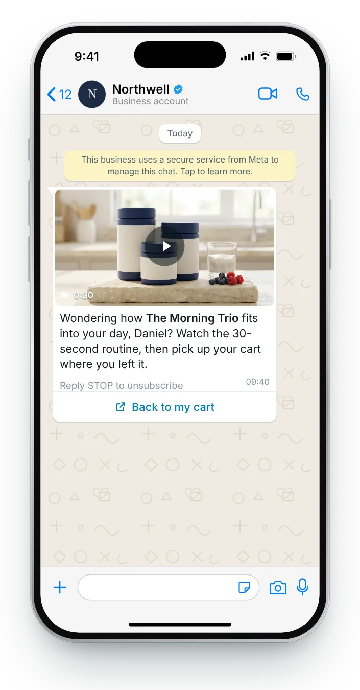 A 30-second demo in the header: WhatsApp cart reminder on an iPhone