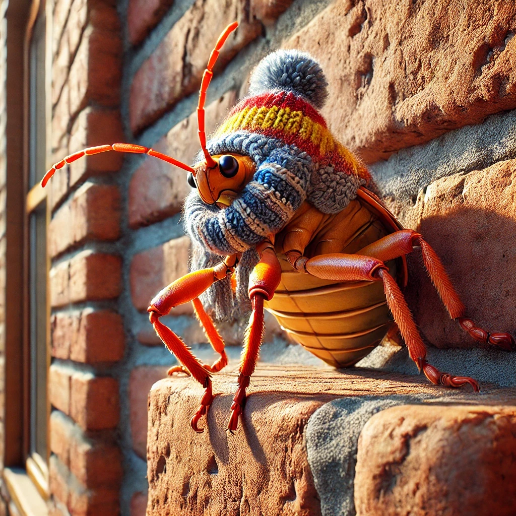 a boxelder bug warms itself outside a brick home