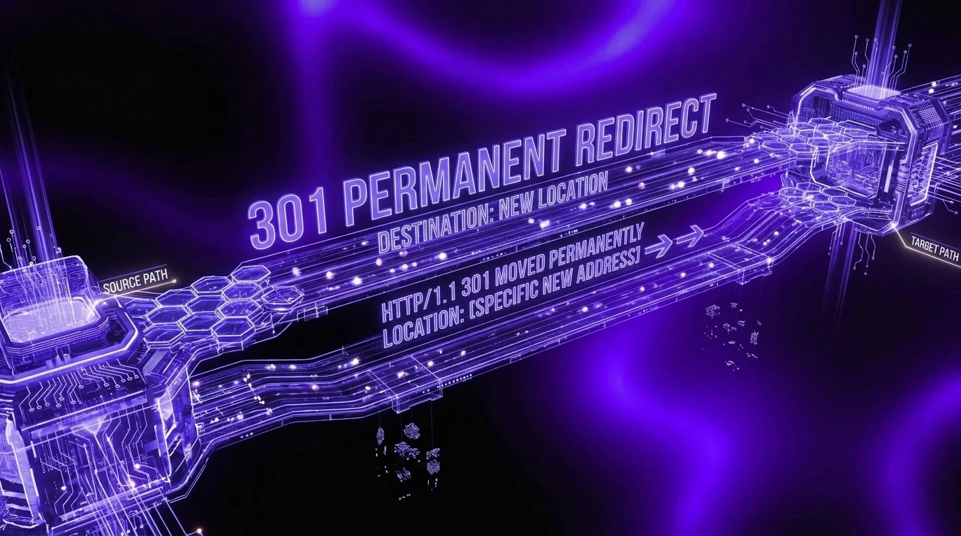 An abstract digital bridge illustration with glowing violet beams connecting data blocks on a black background, representing the path of 301 redirects.