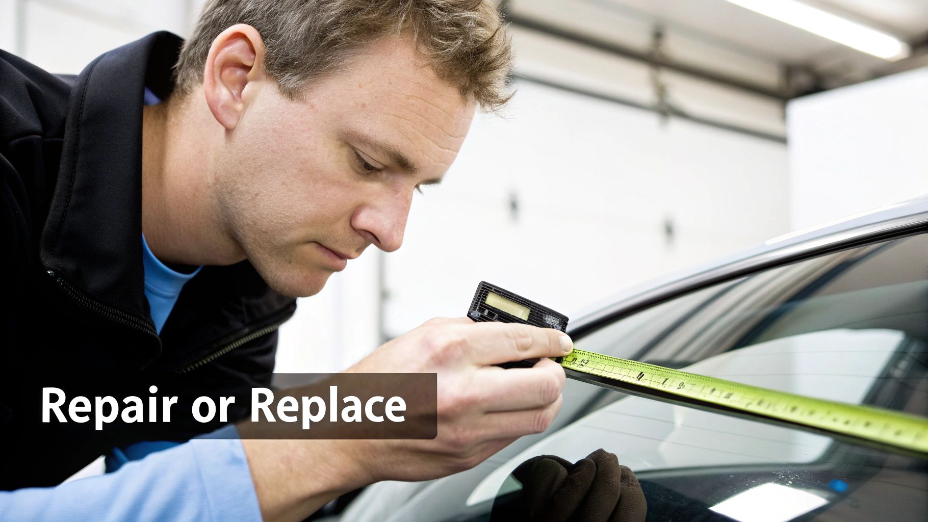 A technician measures a car windshield with a tape measure, assessing it for repair or replacement.