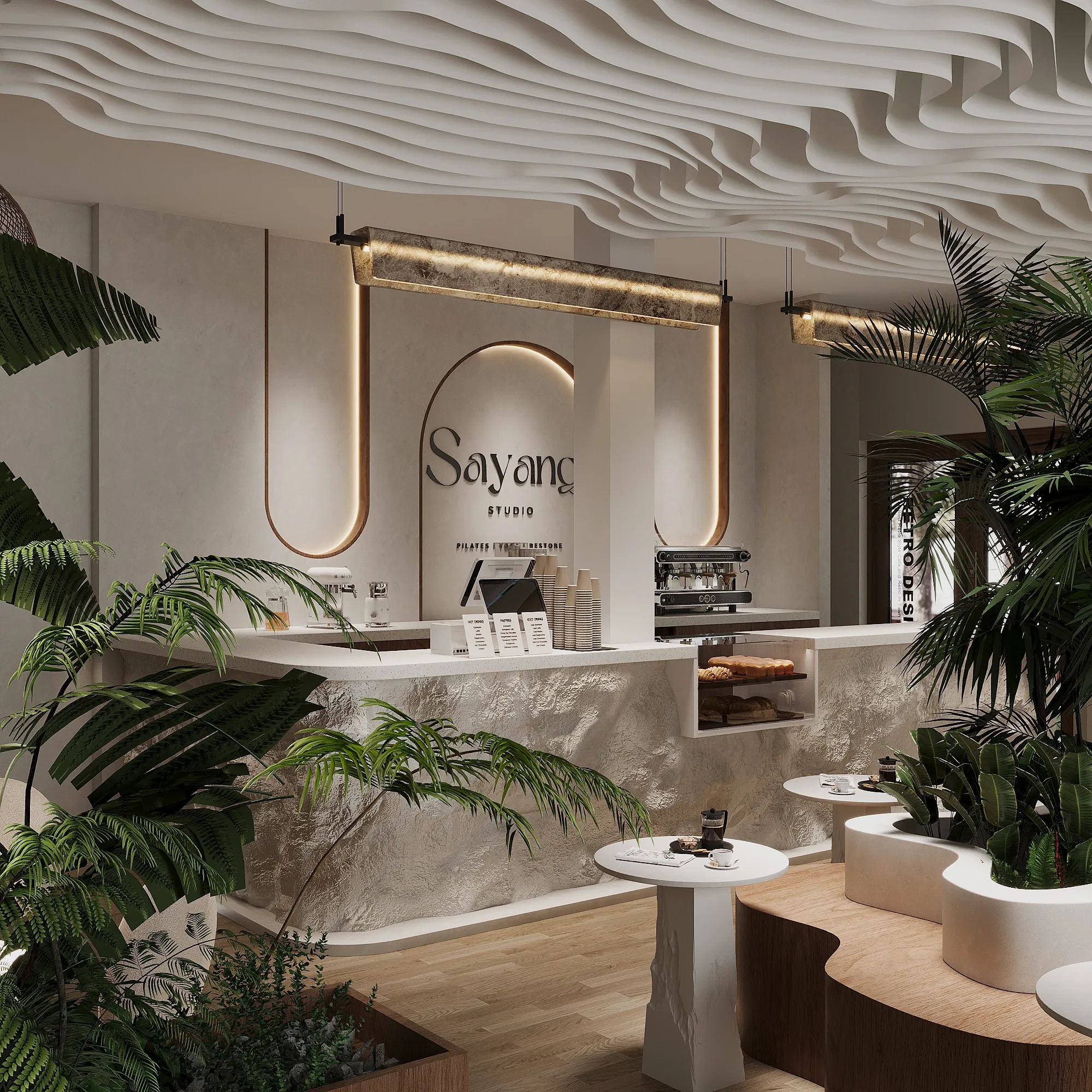 Modern cafe interior with lush plants and unique wavy ceiling design. Sayang Studio branding visible.