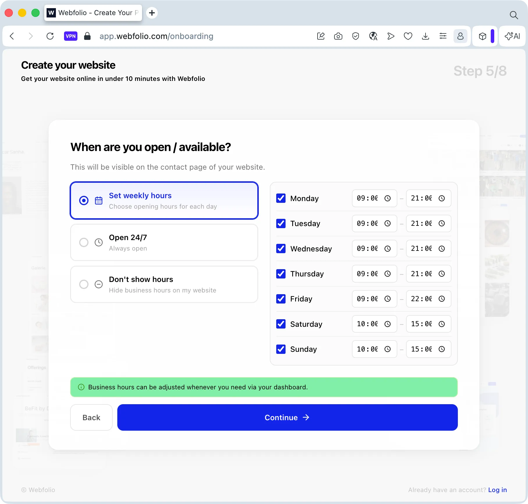 Webfolio onboarding step: setting a personal trainer's weekly opening hours