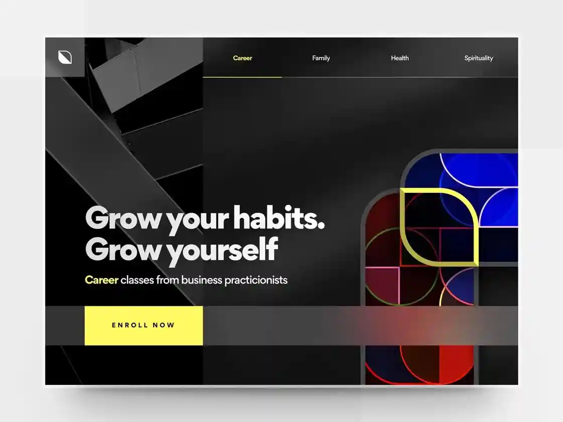 En-tête de site sombre pour des cours de carrière, mêlant typographie audacieuse et formes géométriques colorées.