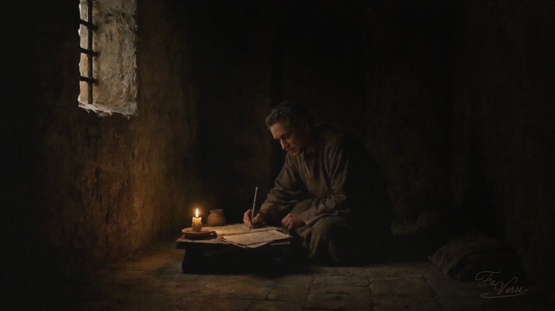 Sacred artwork by Faith and Verse. © Faith and Verse, 2026. All rights reserved. Eulogius of Córdoba writing by candlelight in a prison cell in Córdoba, al-Andalus, autumn 851, composing the Documentum Martyriale for Flora and Maria.