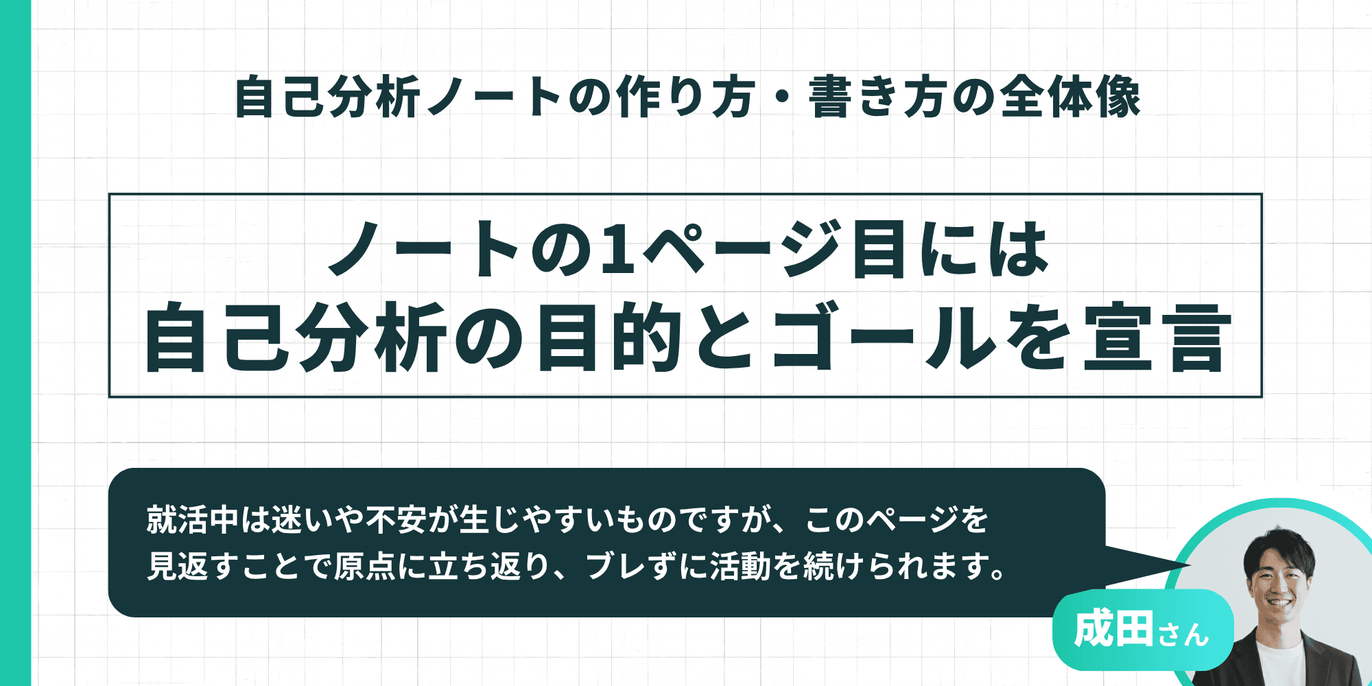 自己分析ノートの作り方・書き方の全体像を示すインフォグラフィック。ノートの1ページ目には自己分析の目的とゴールを宣言することが重要で、このページを見返すことで原点に立ち返りブレずに活動を続けられる