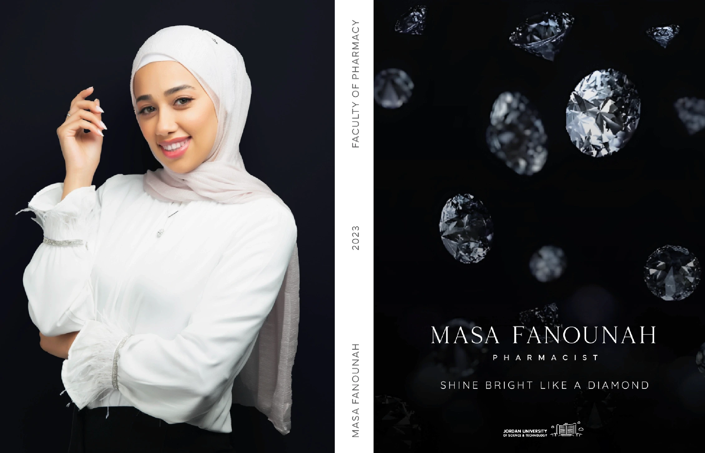 Graduation book for a girl wearing white on dark blue background and many diamonds made by kkdesign.io, kkdesign