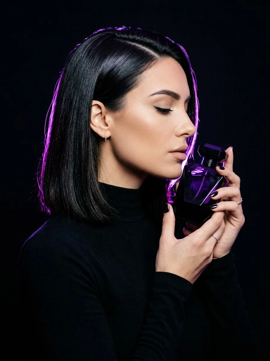 Woman holding a black perfume bottle in violet light