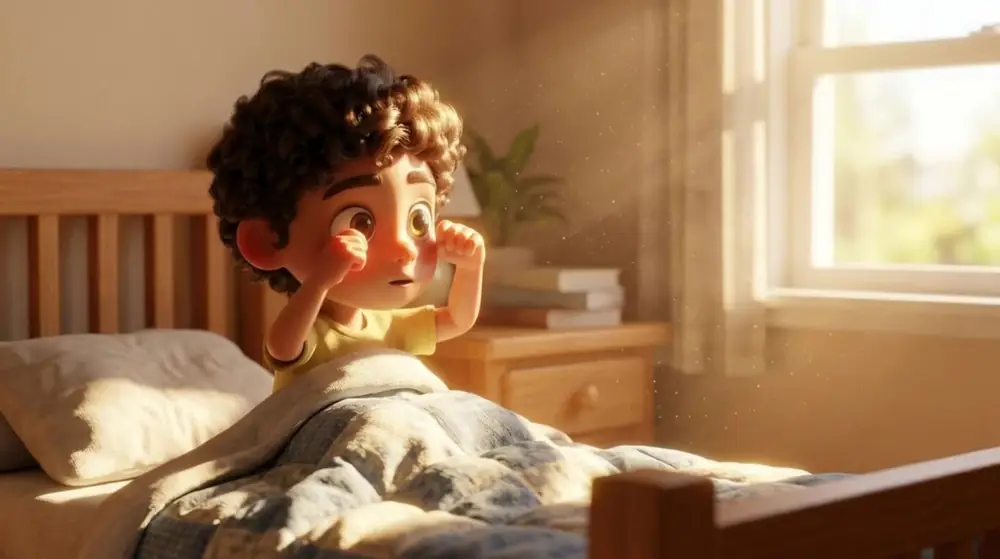 Scene 2: a curly haired boy rubbing his eyes in a sunlit bedroom