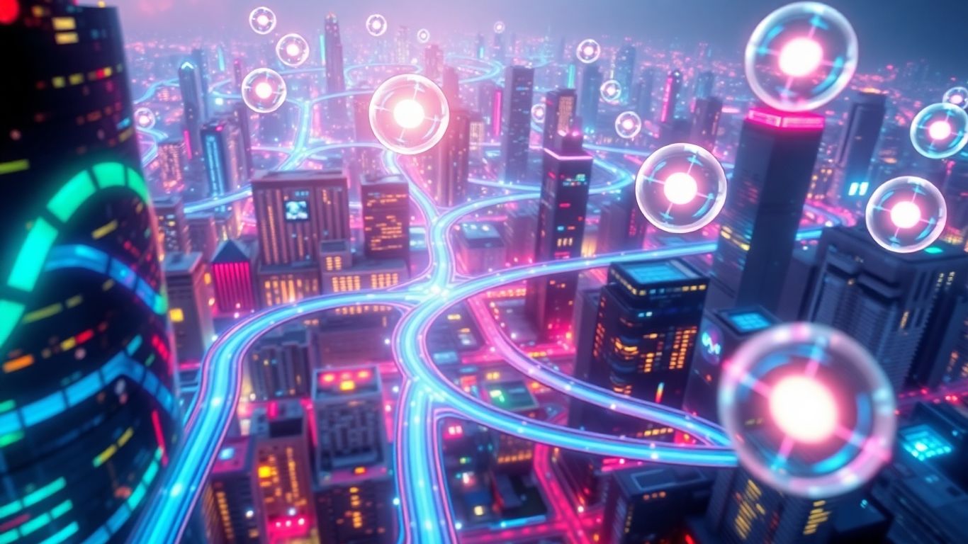 Futuristic cityscape with glowing digital pathways and orbs.