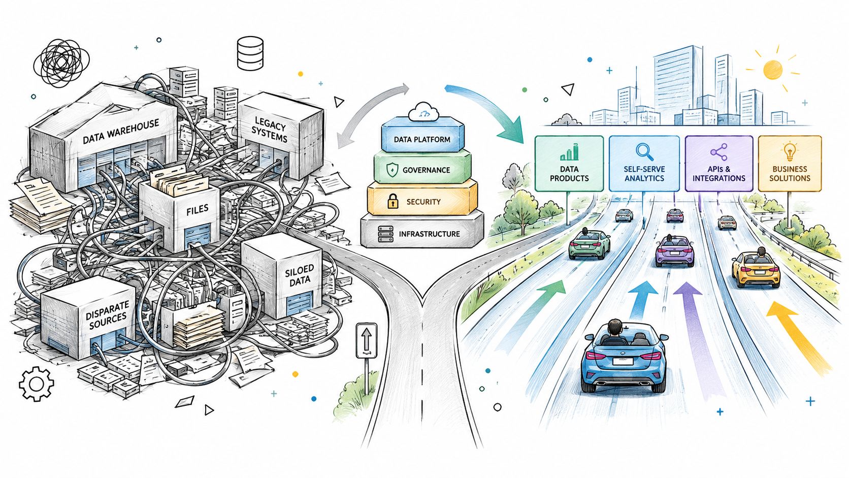 A diagram contrasting chaotic, fragmented data storage with a streamlined, organized data platform and efficient product development.