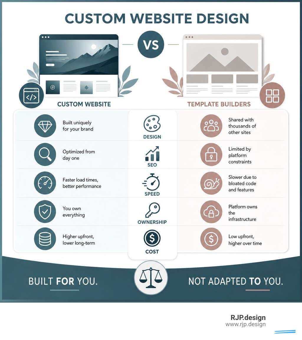Infographic comparing custom website design vs template builders across design, SEO, speed, ownership, and cost infographic