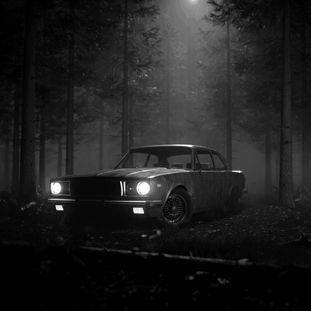 A hyper-realistic abandoned car parked in the middle of a dark foggy forest at night, tall pine trees surrounding it, moonlight breaking through branches, cinematic wide-angle shot, ultra-detailed reflections on metal, 8K photorealistic render.
