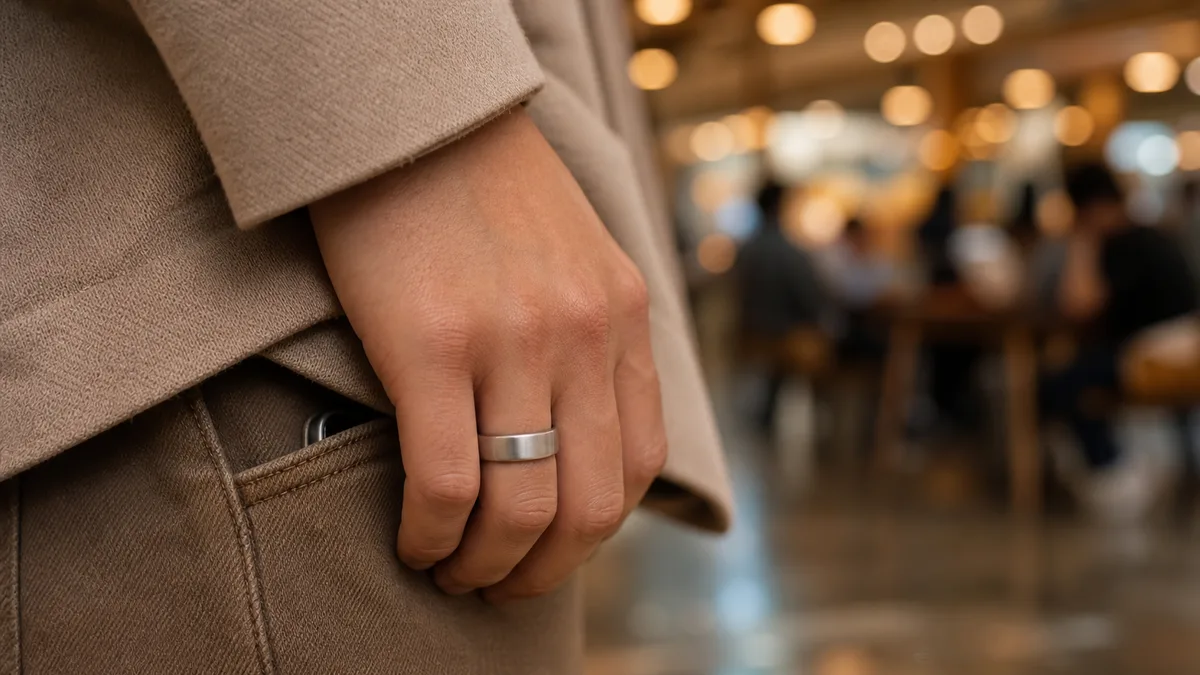 Silver smart tasbih ring beside a same-side phone pocket in a softly blurred busy cafe