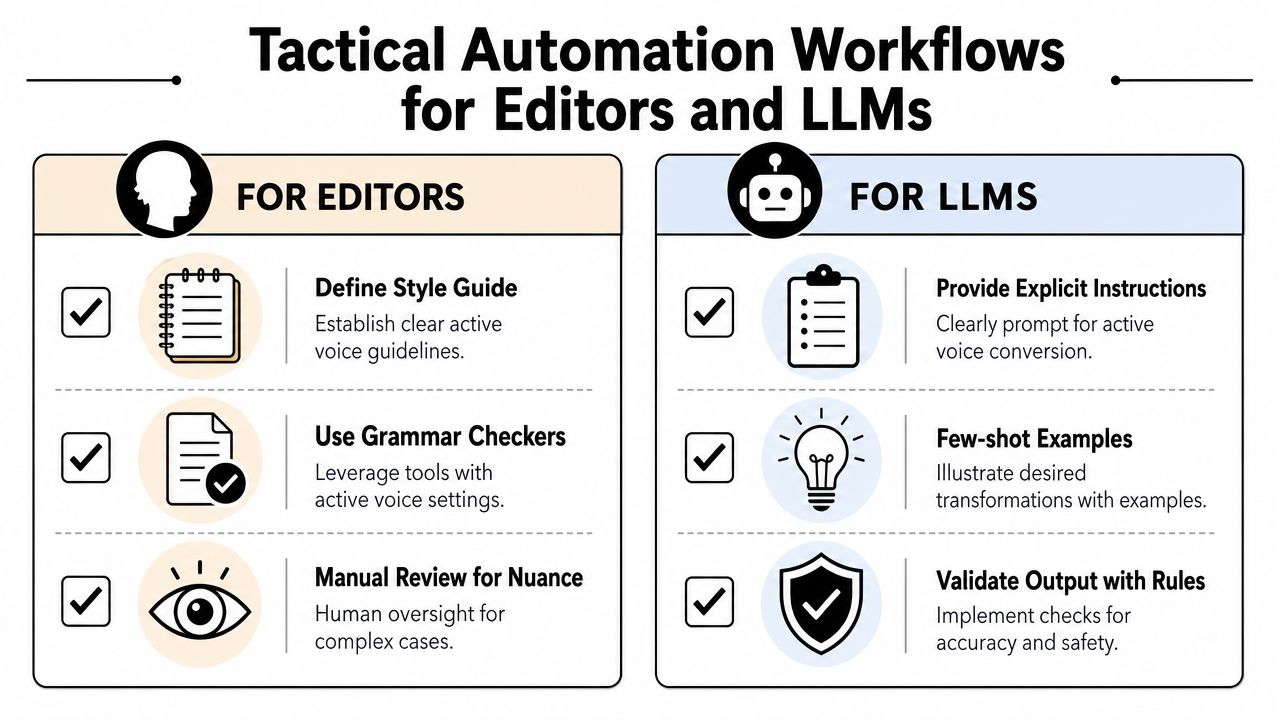 A diagram comparing tactical automation workflows for human editors and LLMs for improving active voice usage.