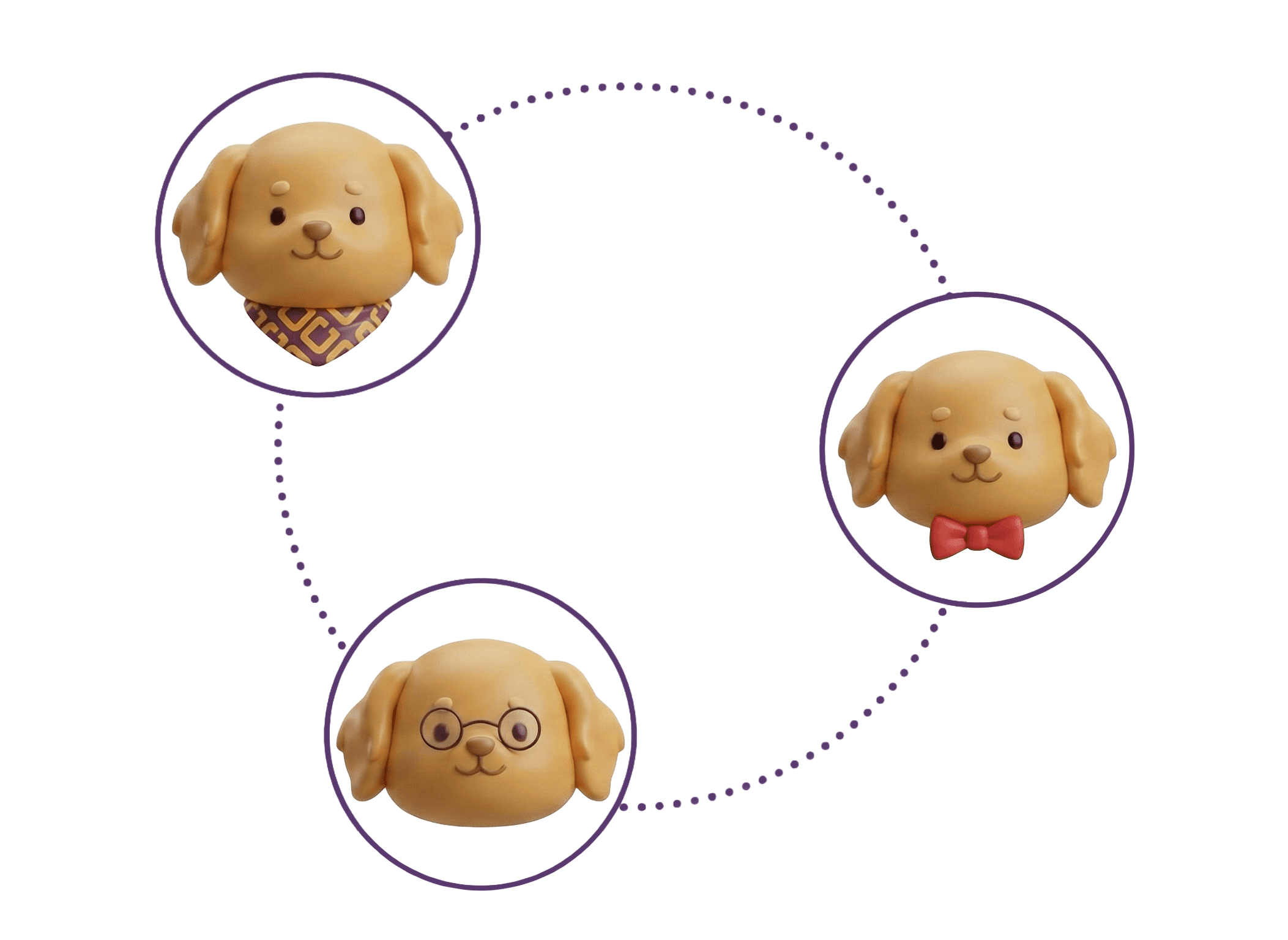 A diagram featuring three cartoon dog faces, each in a purple circle: one wearing a patterned bandana, one with a red bow tie, and one with round glasses, all connected by dotted curved lines.