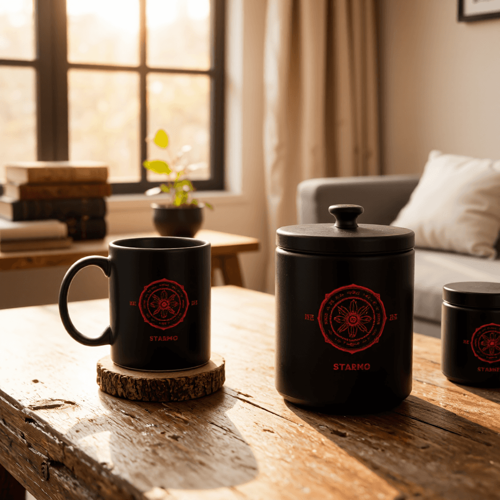 product photography of a set of themed merchandise including a mug, a coaster, and a container, designed for fans of a specific series.