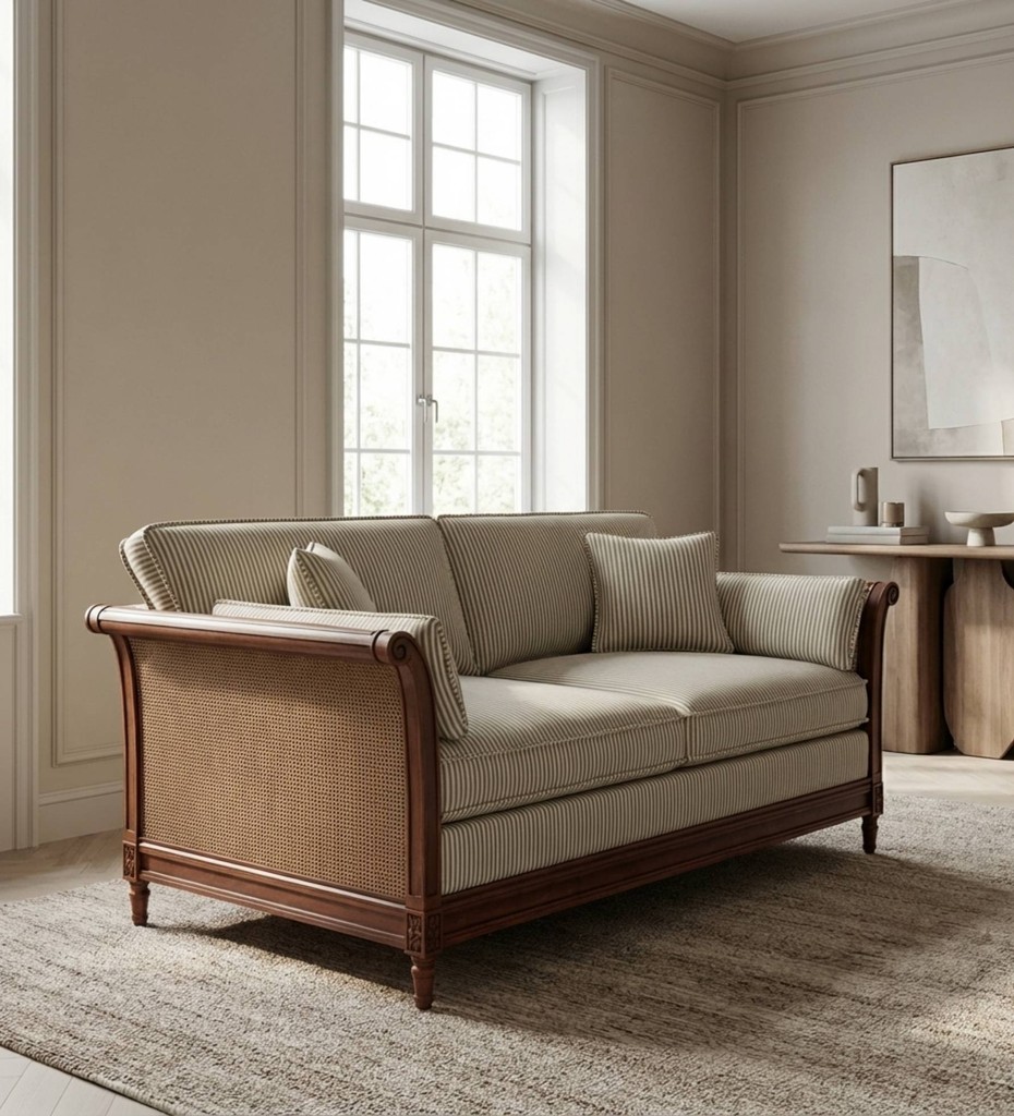 Luxury contemporary cane sofa with teal upholstery and wooden frame