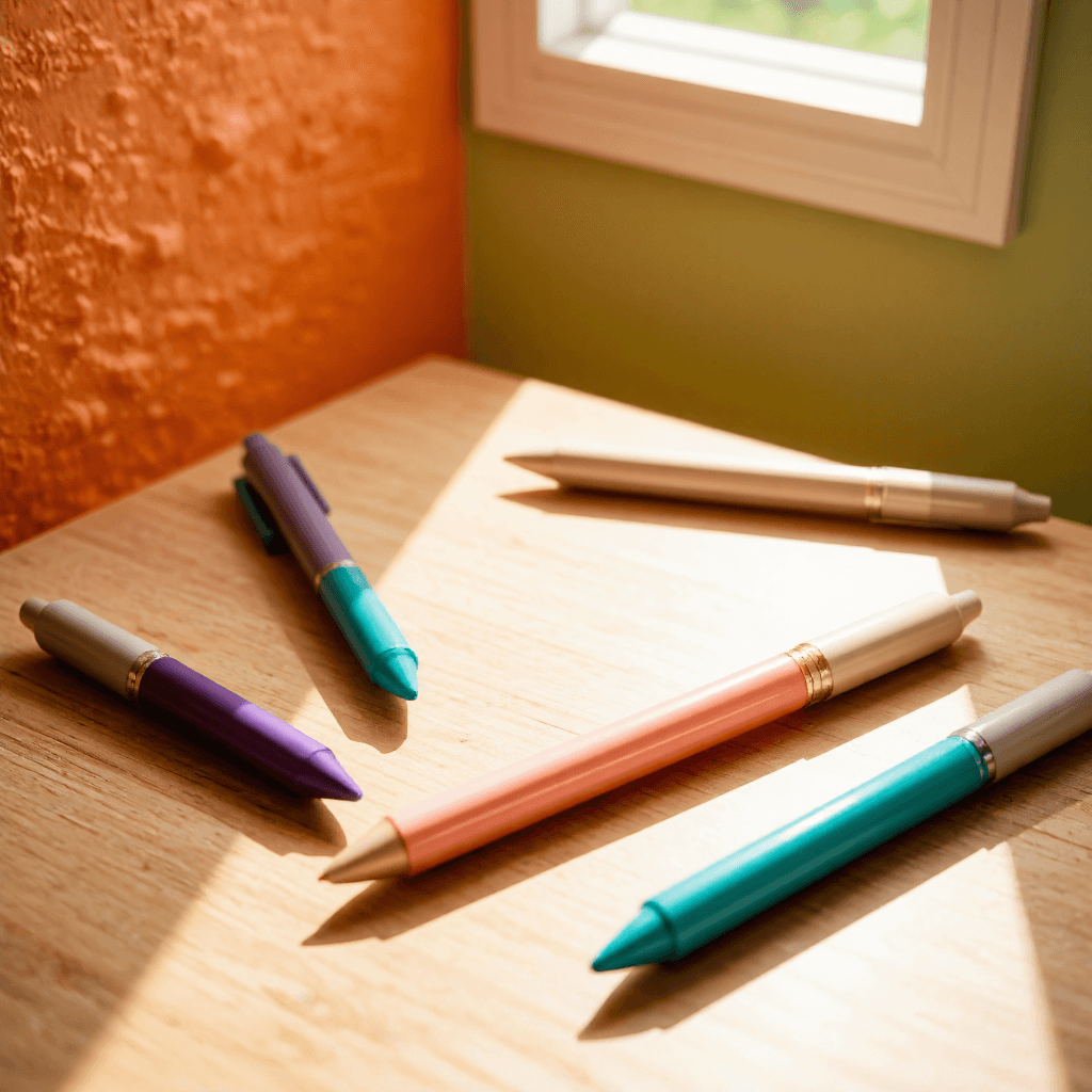 product photography of set of colored gel pens