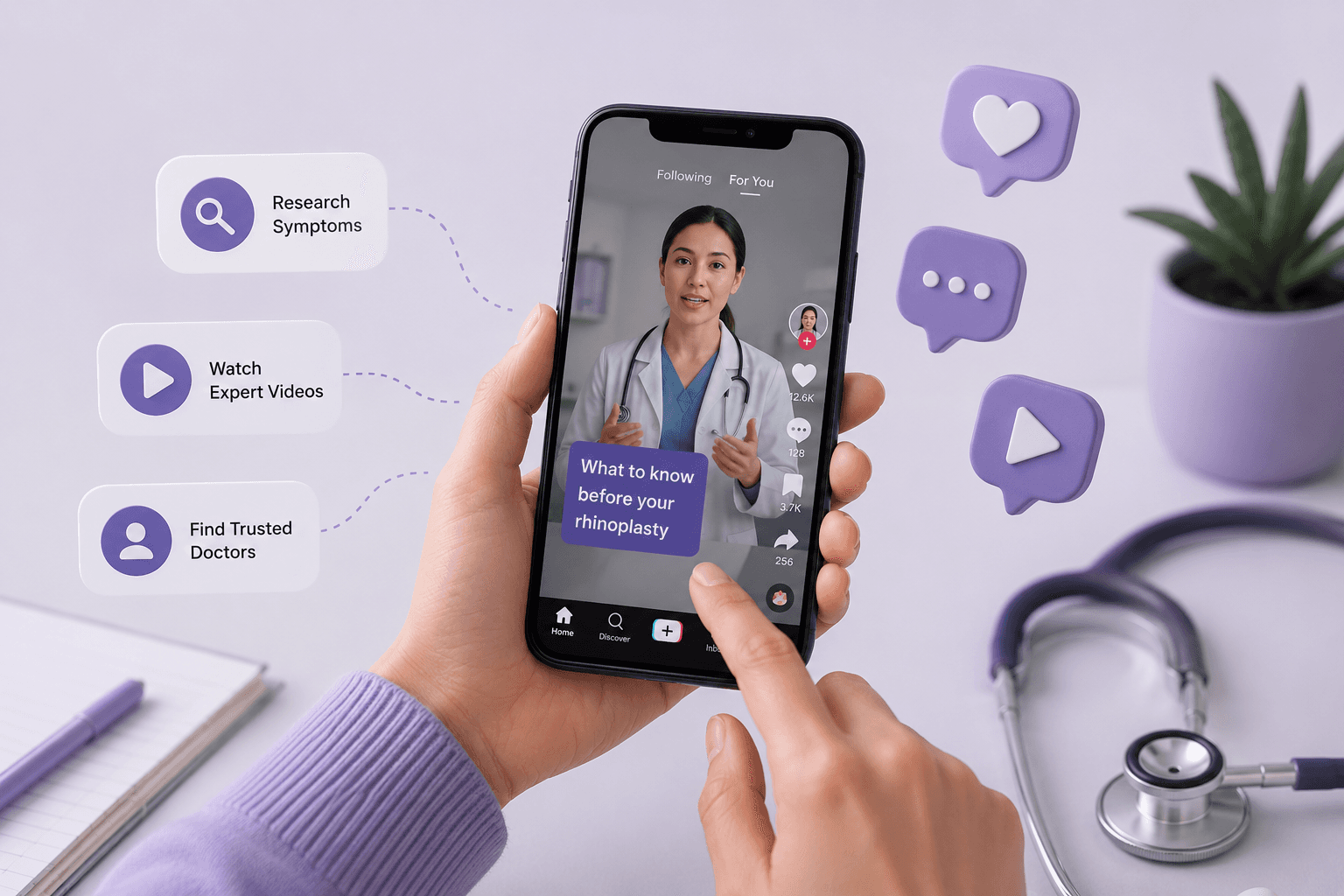 Person researching healthcare information through short-form medical videos on a smartphone with social media style healthcare discovery and doctor video content in a modern purple-themed environment