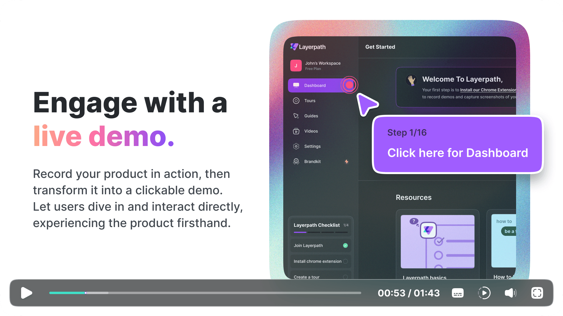 The image showcases a software interface with a sidebar menu highlighted, demonstrating a live demo feature for navigating a dashboard.