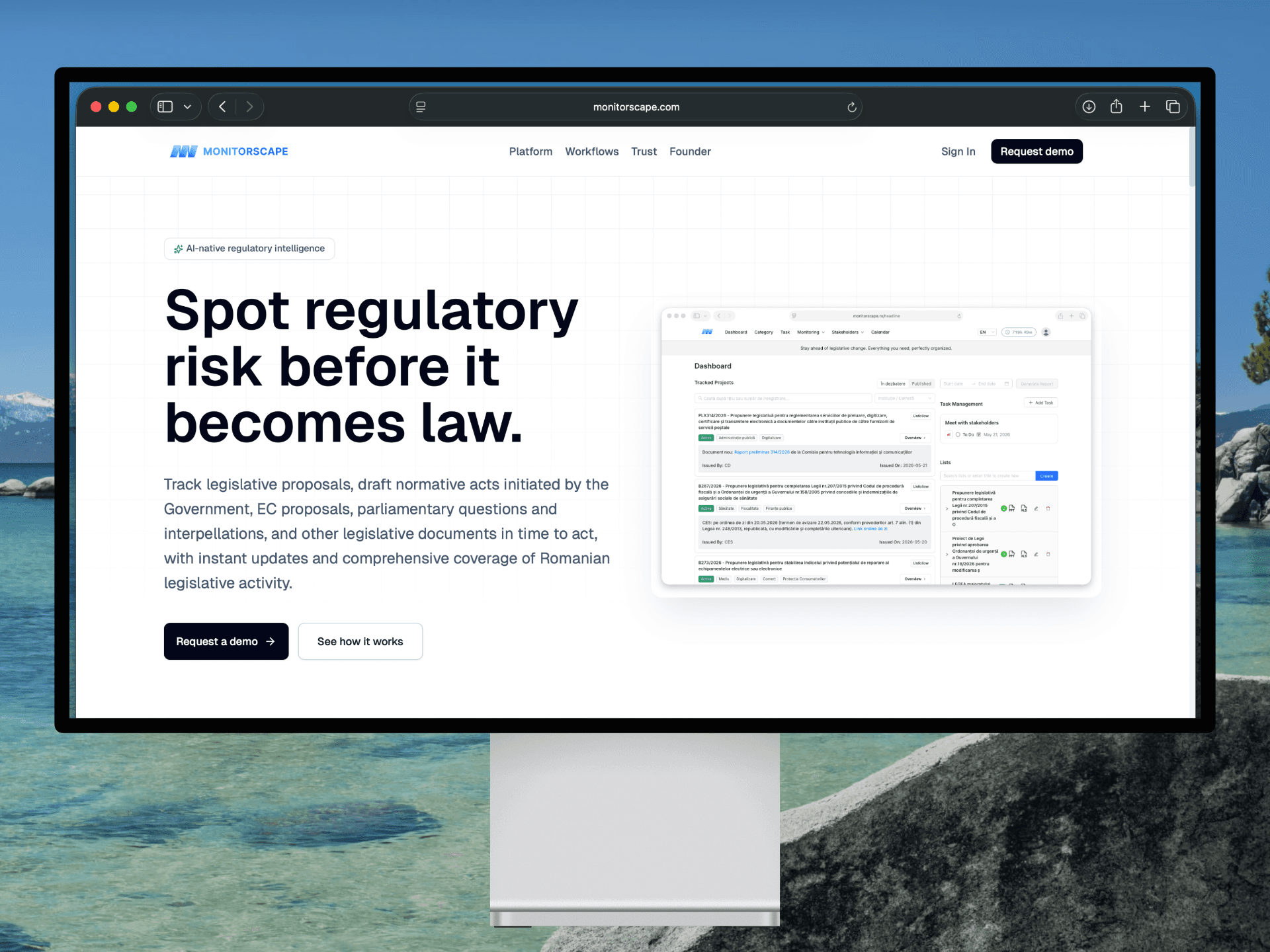 Monitorscape regulatory intelligence interface on a desktop display