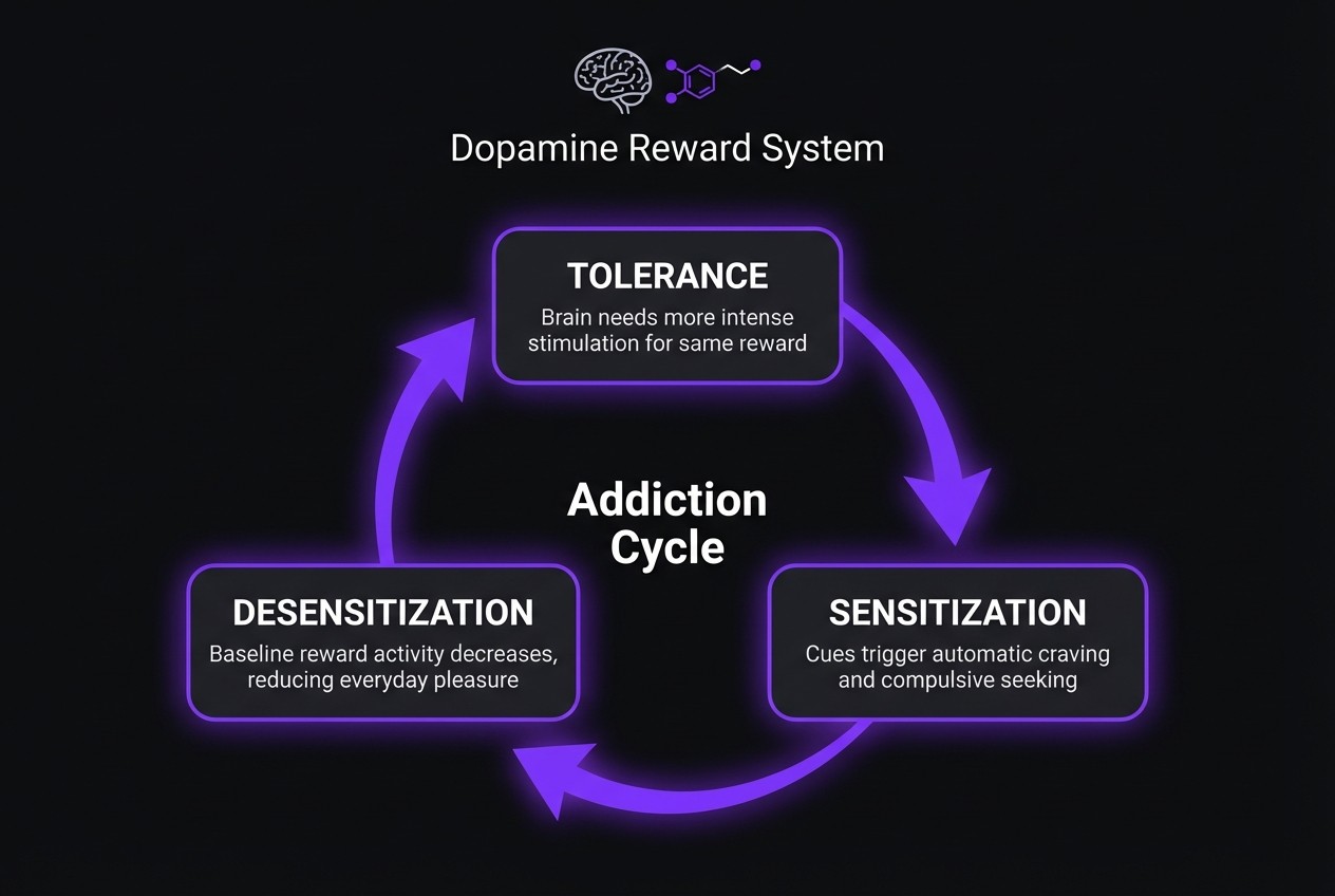 Diagram showing the pornography addiction cycle with three neuroadaptation mechanisms: tolerance requiring more intense stimulation, sensitization creating automatic craving from cues, and desensitization reducing baseline reward activity and everyday pleasure