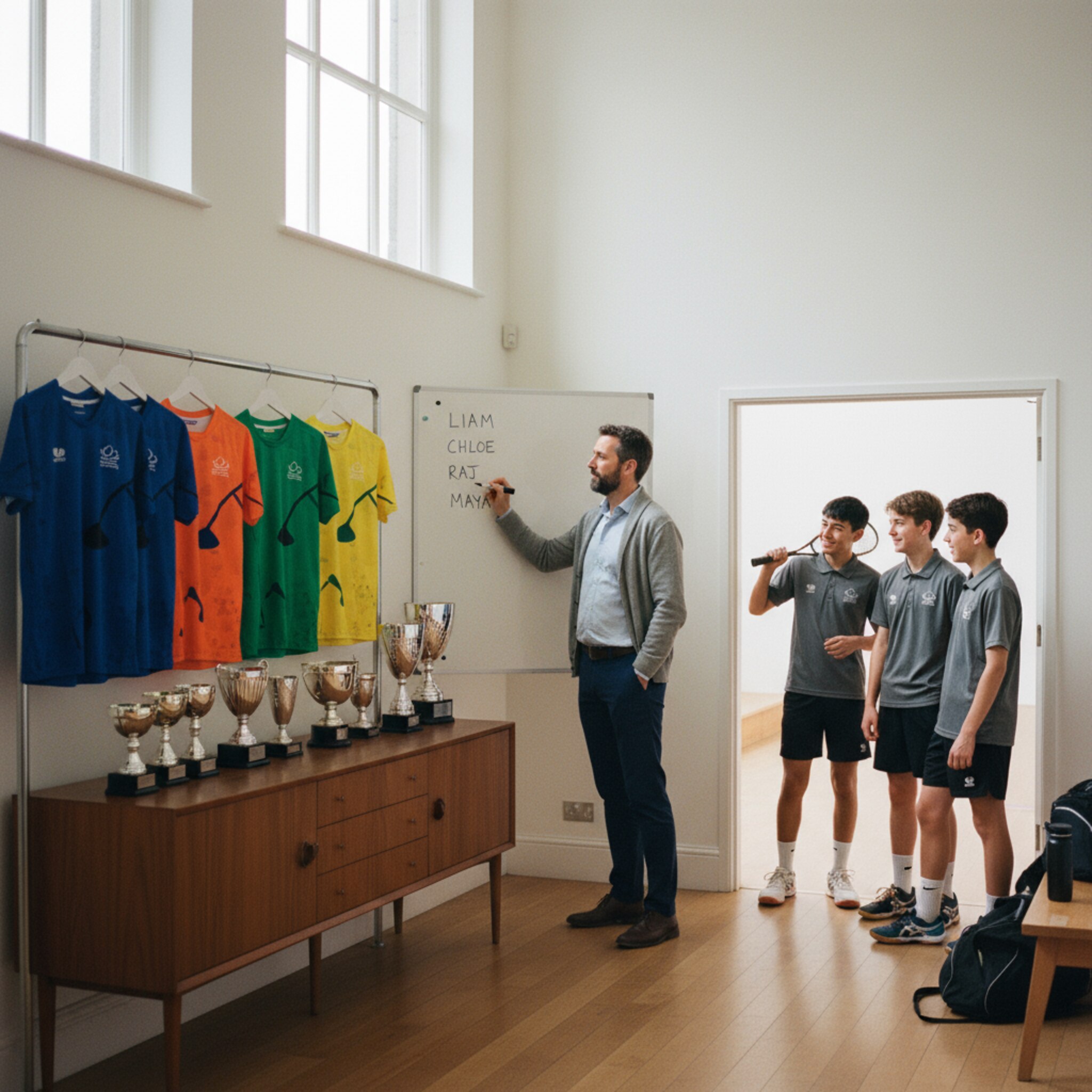 Im Vereinsraum hängen farbige Teamtrikots ordentlich an einer Stange, daneben glänzen Pokale auf einem Sideboard. Ein Clubmanager notiert Namen auf einer Magnettafel für die nächste Trainingsgruppe. Einige Jugendliche in einheitlichen Shirts scherzen leise, bevor sie Richtung Court aufbrechen.