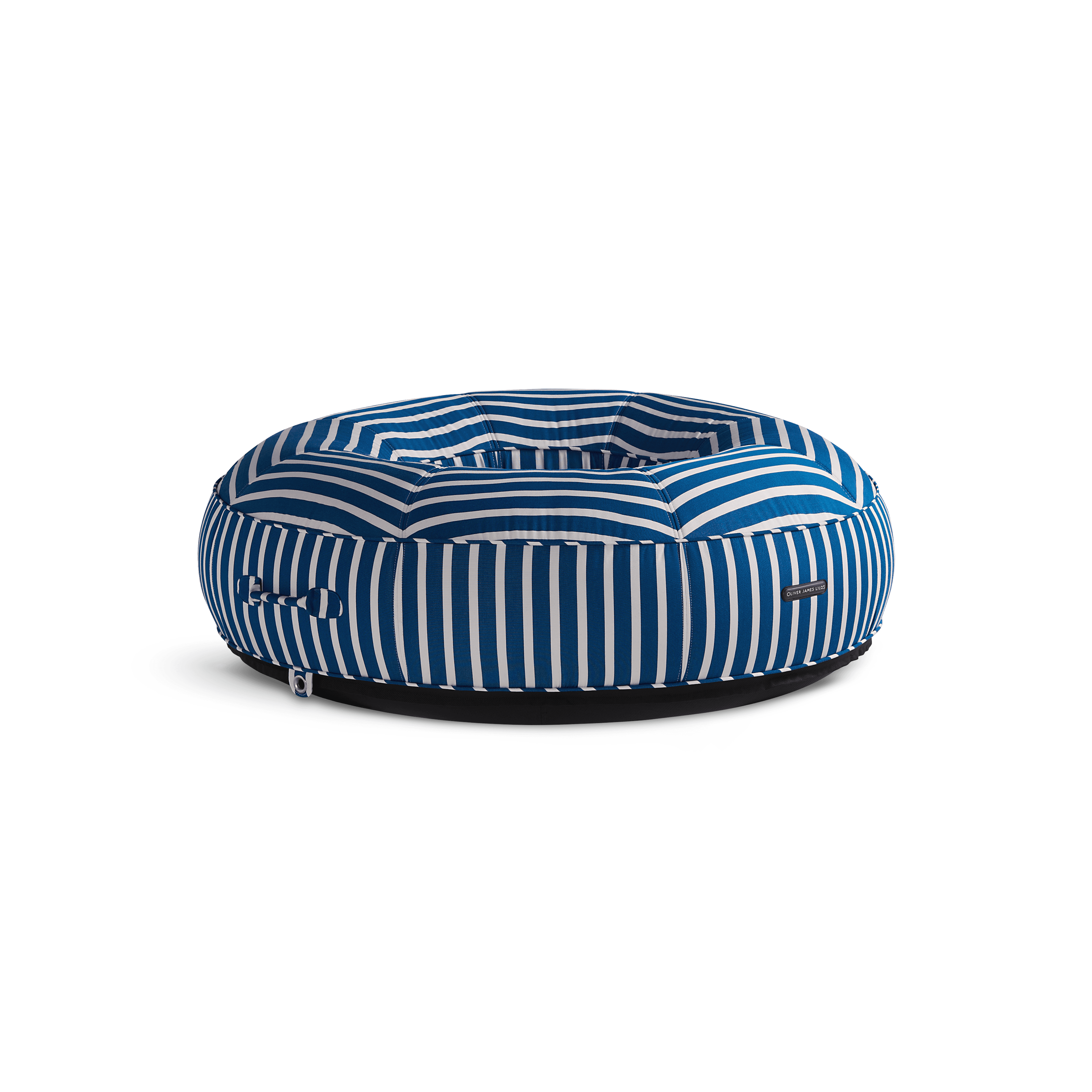 Ring-shaped luxury pool float in blue-and-white stripe canvas with quilted panels and jet-black base
