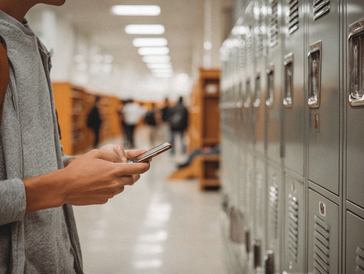A student stands in a school hallway lined with metal lockers, holding and looking down at a smartphone. The foreground shows the student’s hands and torso, while the background is softly blurred with other students walking and gathering near the lockers. The setting appears to be a typical middle or high school corridor.