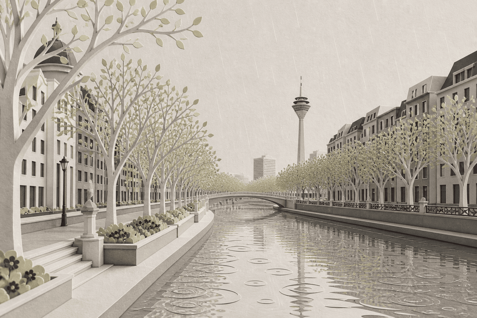 Papiermaquette eines regnerischen Düsseldorfer Frühlingstags mit frischem Grün am Wasser.