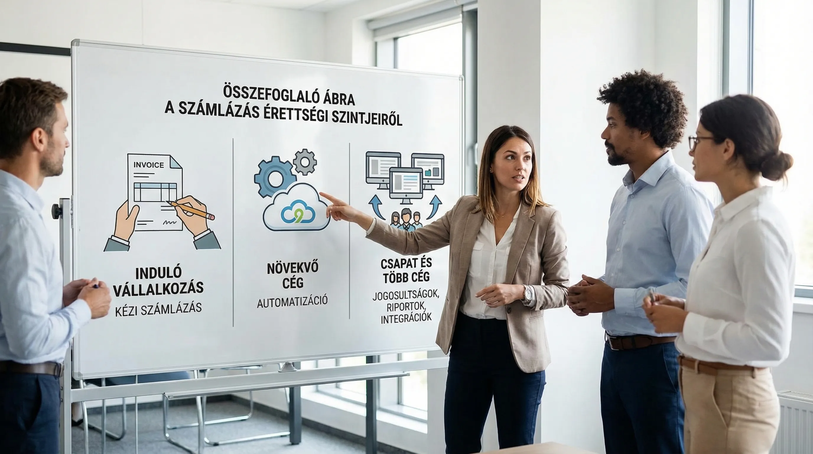Összefoglaló ábra a számlázás érettségi szintjeiről: induló vállalkozás (kézi számlázás), növekvő cég (automatizáció), csapat és több cég (jogosultságok, riportok, integrációk).