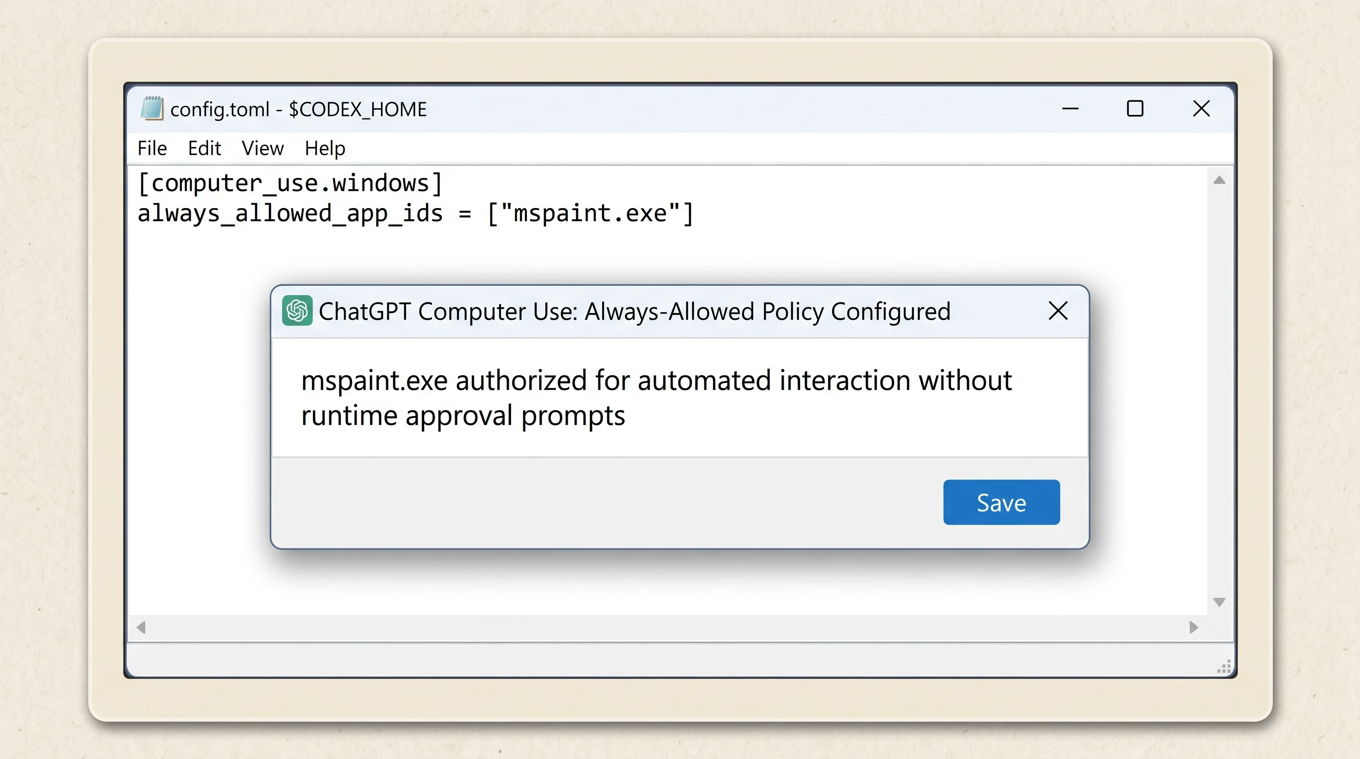 Teaching reconstruction of Windows config toml file and ChatGPT application allow list dialog for mspaint exe