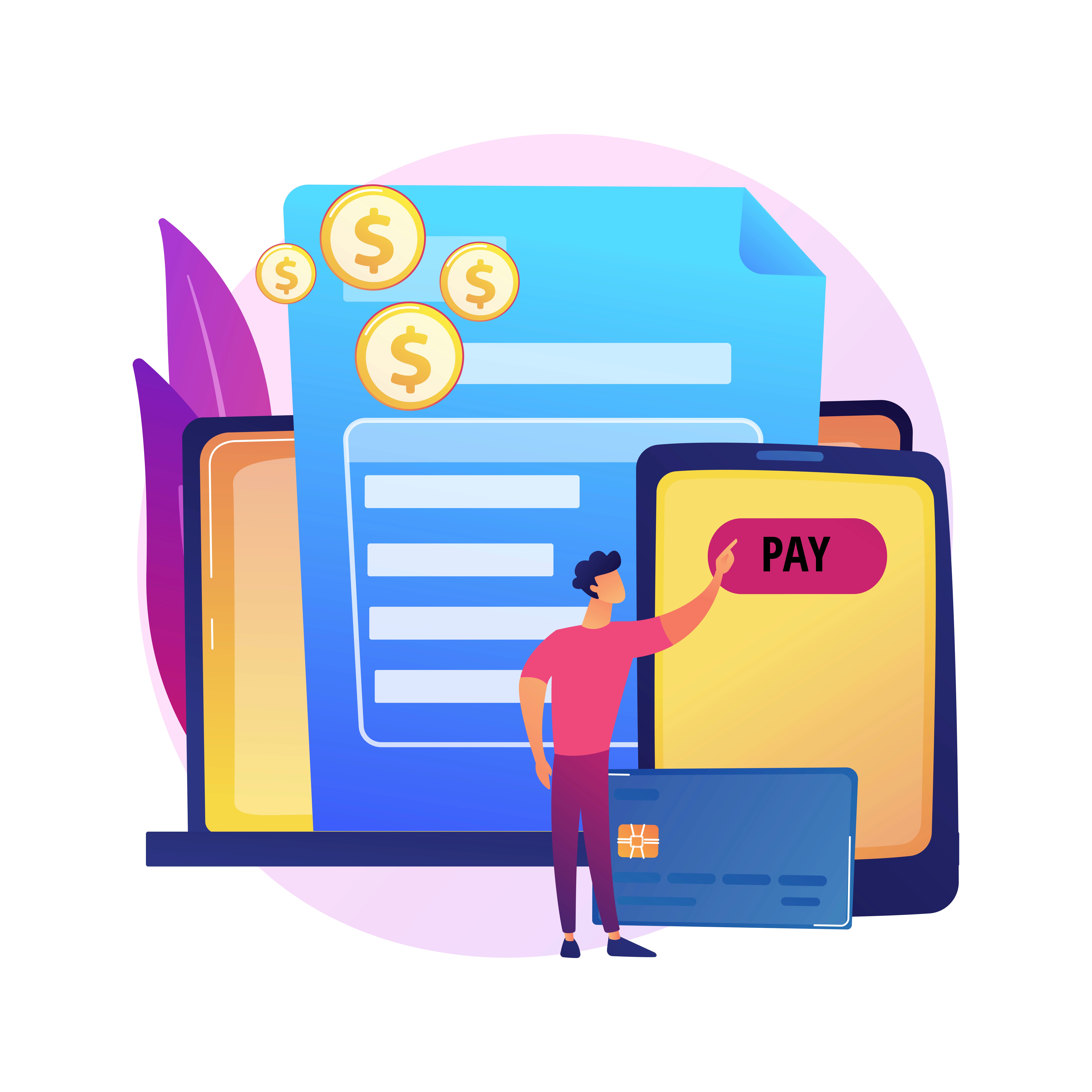 An illustration of a man pointing at a paynote with a theme of dollars at the back showing payroll processes.&nbsp;