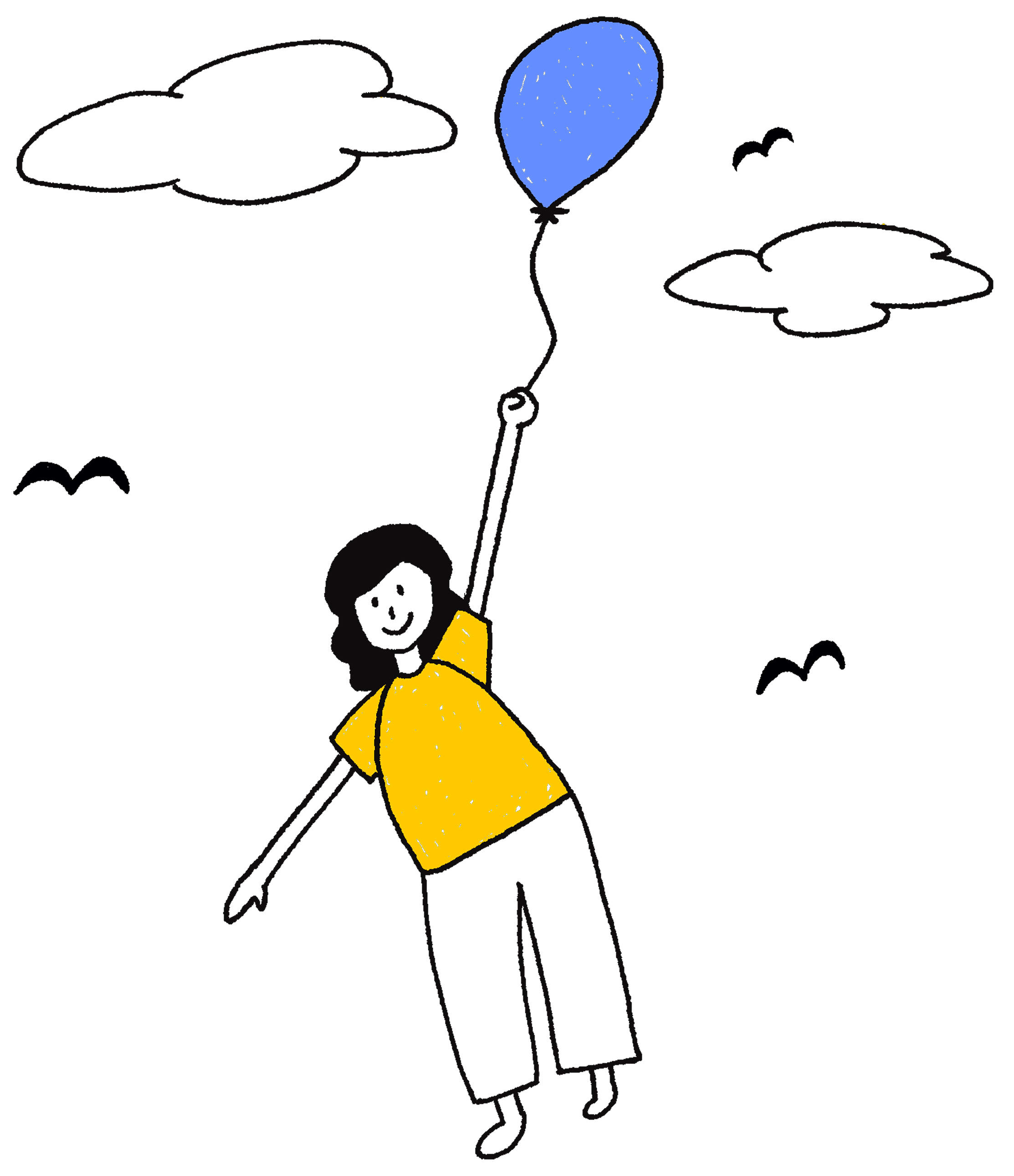 girl holding a balloon and floating in sky