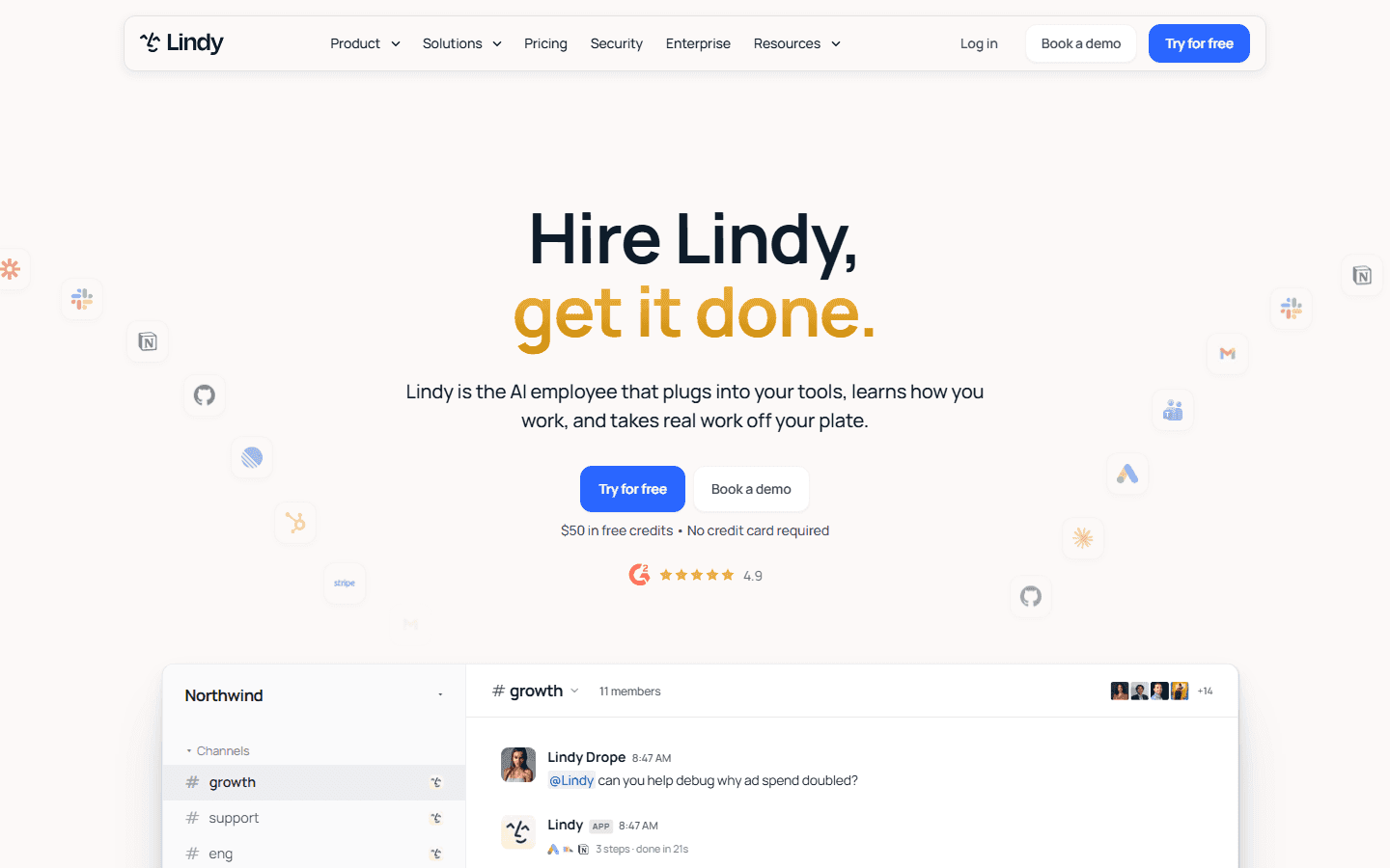 The Lindy homepage, headlined "Hire Lindy, get it done," above a Slack-style workspace where Lindy answers a teammate.