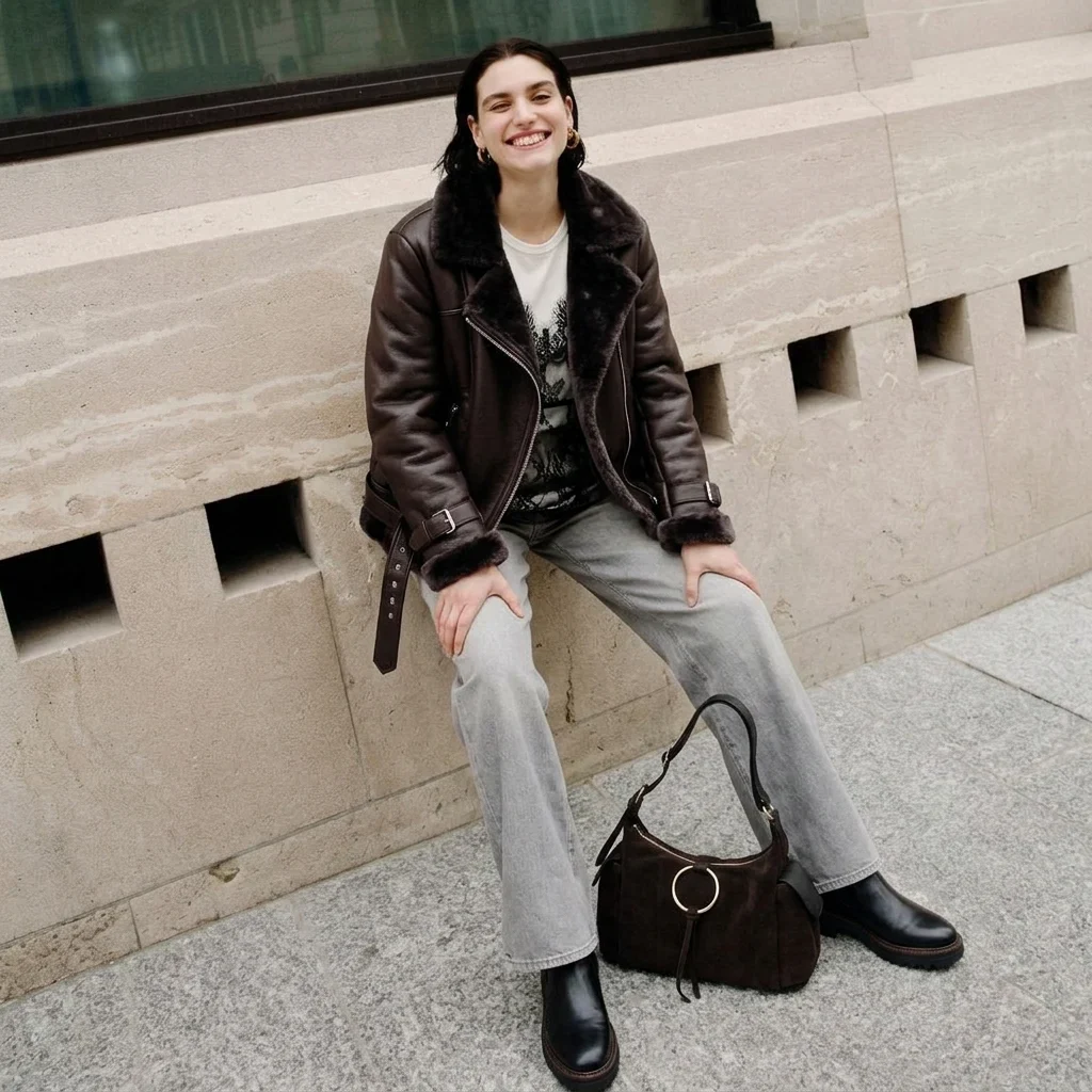 Donna seduta su un muretto in città con giacca in montone marrone, jeans grigi a gamba ampia e borsa in suede