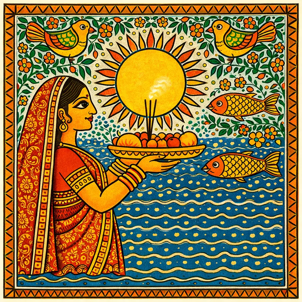 woman praying to sun god while standing in water
