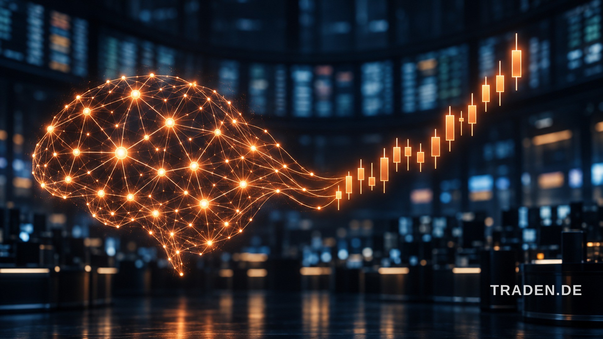 Leuchtendes neuronales Netz geht vor unscharfen Kurstafeln in einen steigenden Kerzenchart über