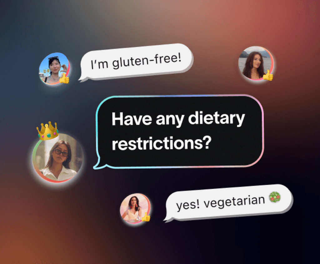 Partiful event planning feature for dietary restrictions, with guests responding to a chat bubble asking about food preferences. Responses include 'I'm gluten-free!' and 'Yes! Vegetarian.' Make group events seamless by accommodating everyone's needs