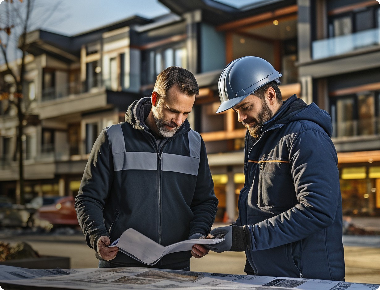 Deux personnes devant un chantier consultant des plans