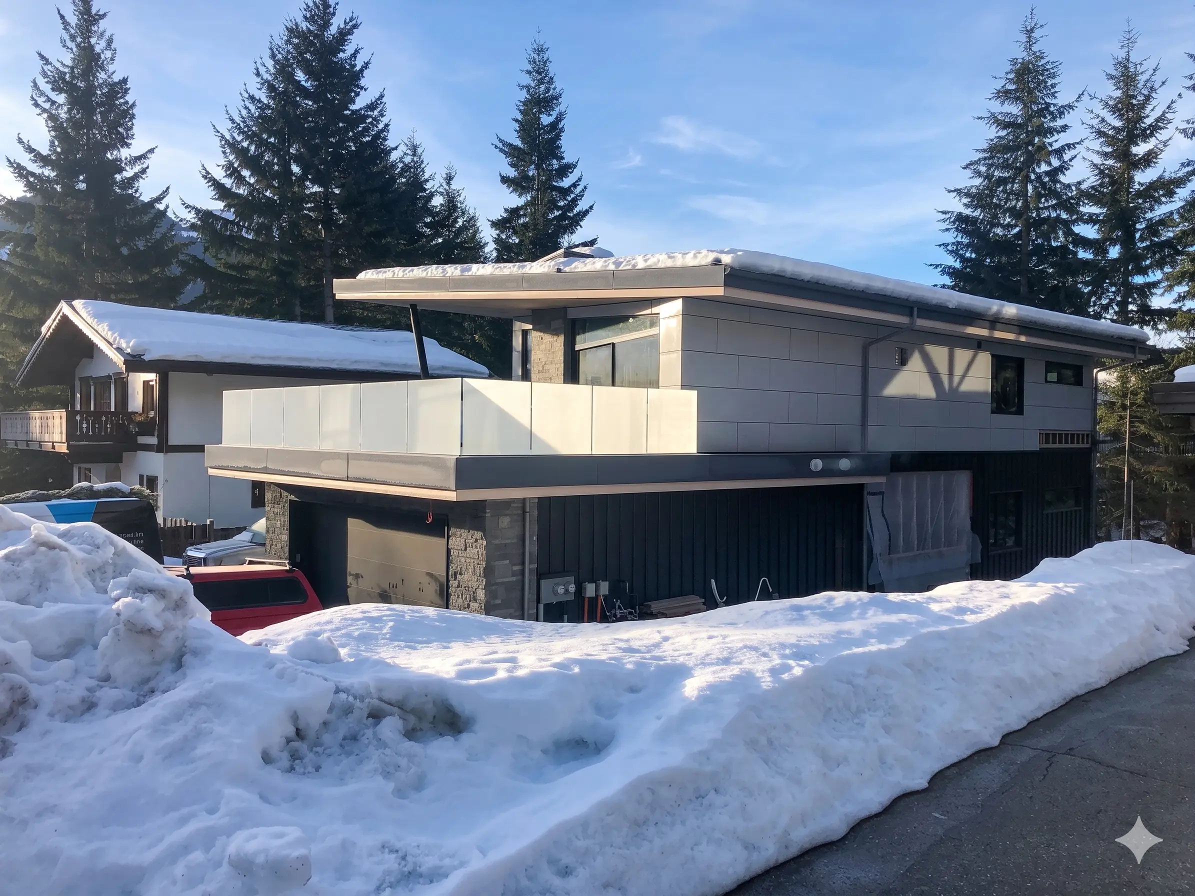 Modern multi-level coastal BC home with frameless glass railings on the upper deck, surrounded by tall evergreens.
