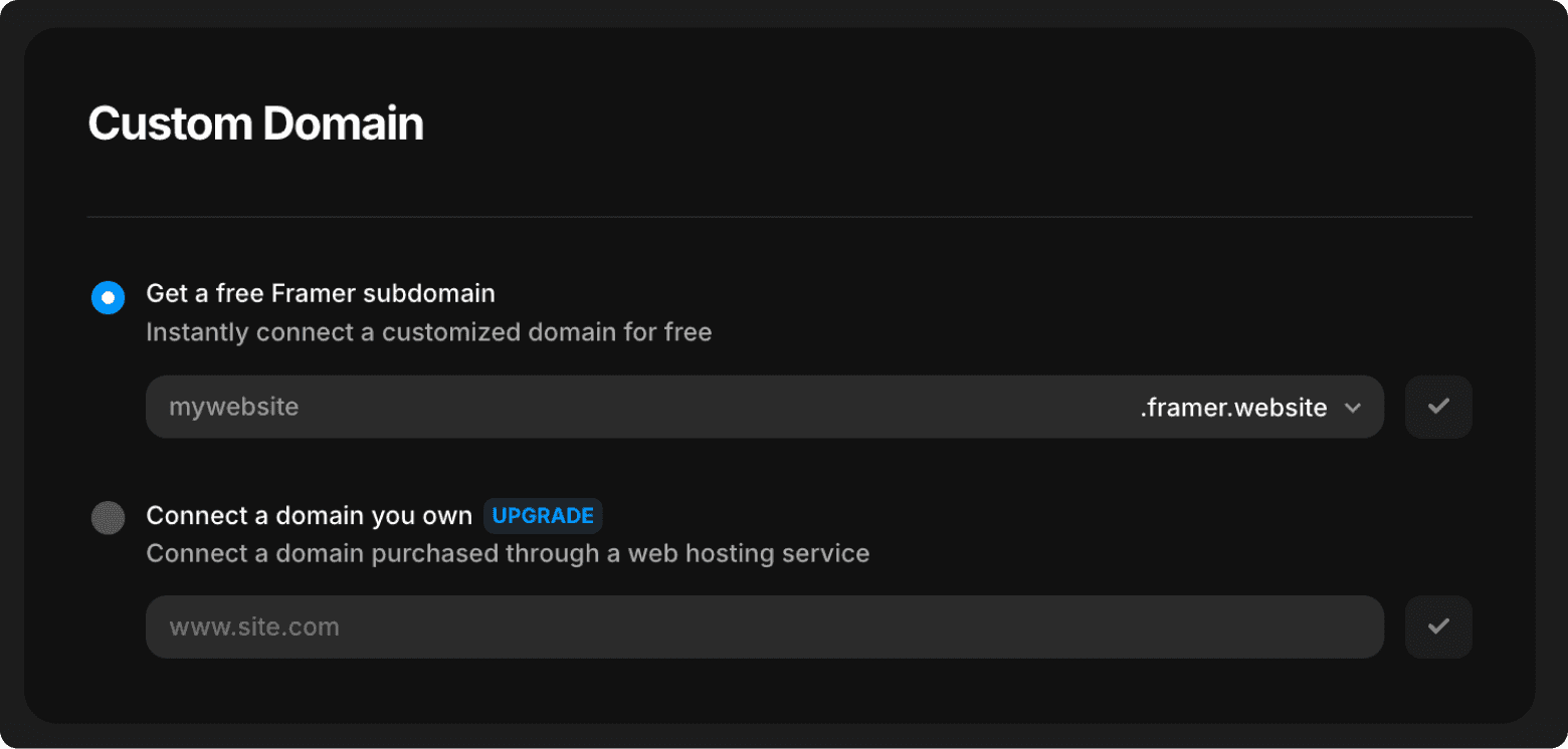 Framer website settings page showing how to connect a free Framer subdomain