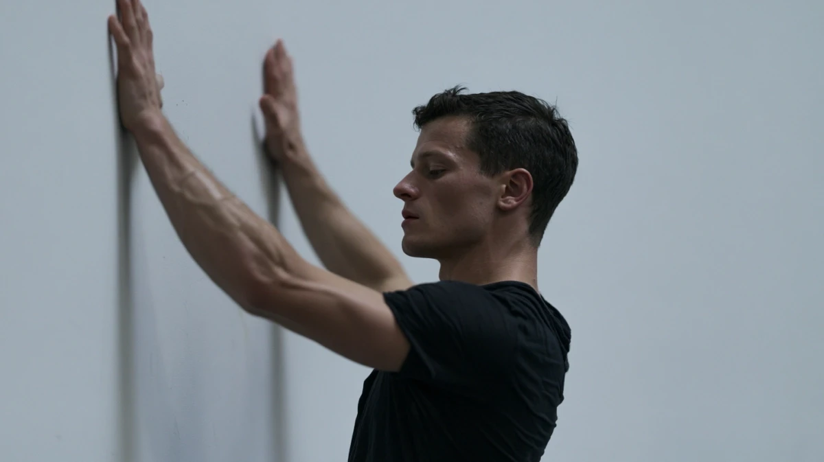 A man pressing his palms against a wall with his eyes open to reconnect with the room.