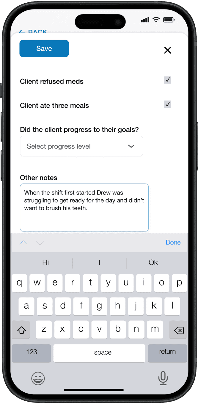 Client custom notes in mobile app.