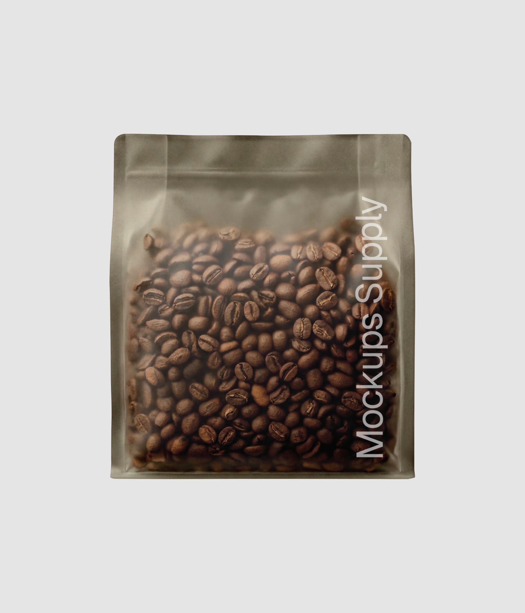 Realistic frosted coffee bag mockup with visible beans for label design download on Mockups Supply