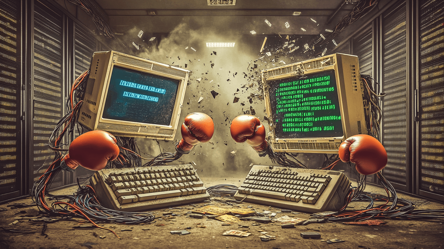 Dramatic photograph of two operating systems fighting in abandoned server room, Windows 95 versus Linux terminal, glitch-art boxing match, retro CRT monitors as heads, tangled cables as limbs, command line interface as face expressions, error messages erupting like sweat, binary code floating in air, harsh server rack lighting creating digital shadows Vintage IBM keyboards as boxing gloves, ancient CPU fans whirring with tension, broken pixels scatter like blood, blue screen of death flashing in corner, green terminal text flowing like Matrix code, old floppy disks scattered on floor like teeth, RGB strip lights casting cyber-noir shadows, overheating warning lights pulsing like heartbeats, network cables tangled like arena ropes, MS-DOS prompts floating as crowd chants, cathode ray tubes flickering with each punch, corrupted memory spilling onto floor, system32 folder as referee Physical elements: - Dusty server room environment - Steam from overheating hardware - Sparks from disconnected cables - Broken glass from shattered screens - Emergency server lights as spotlight