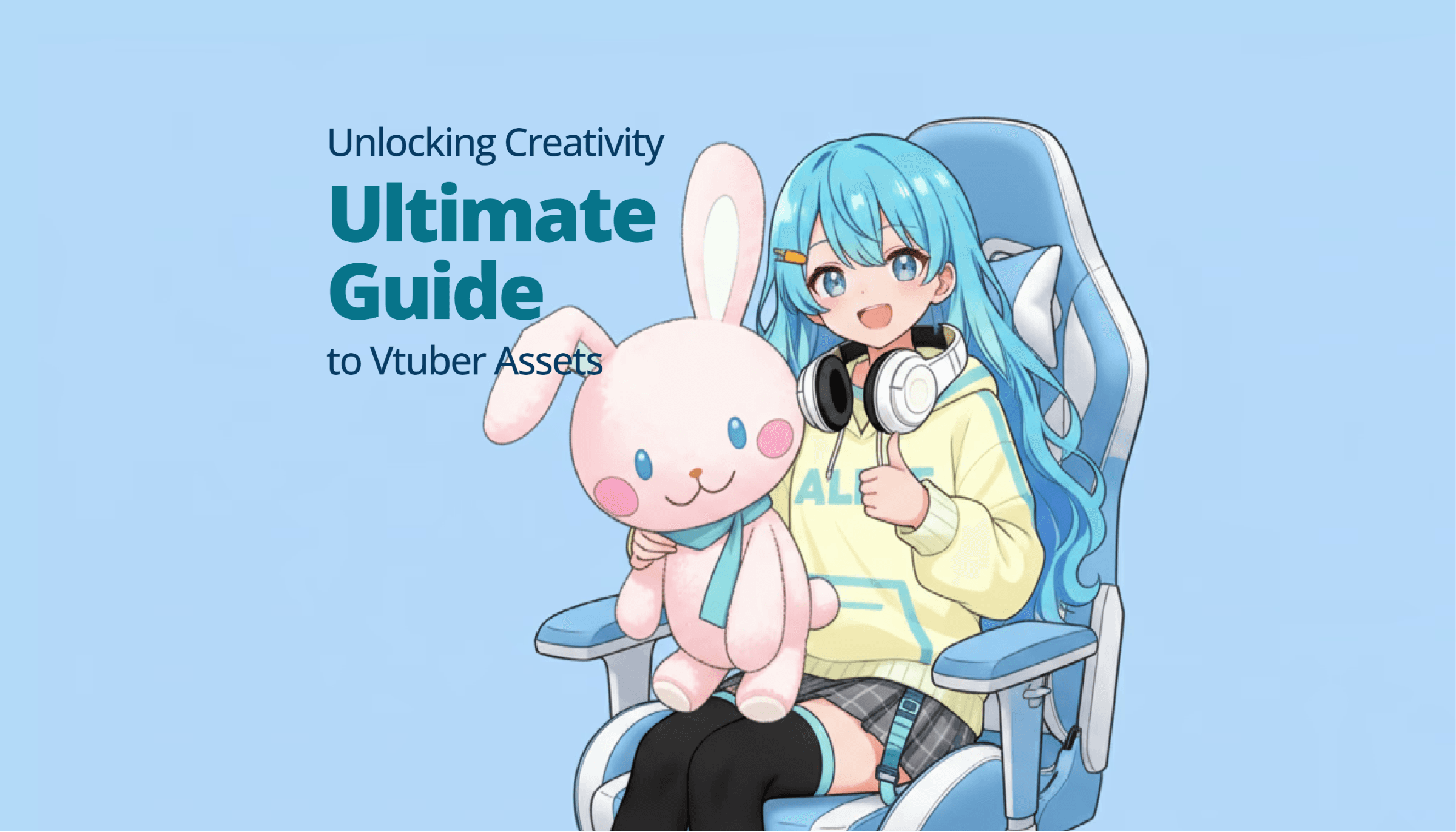 blue girl sitting in gaming chair, with her bunny doll in hand