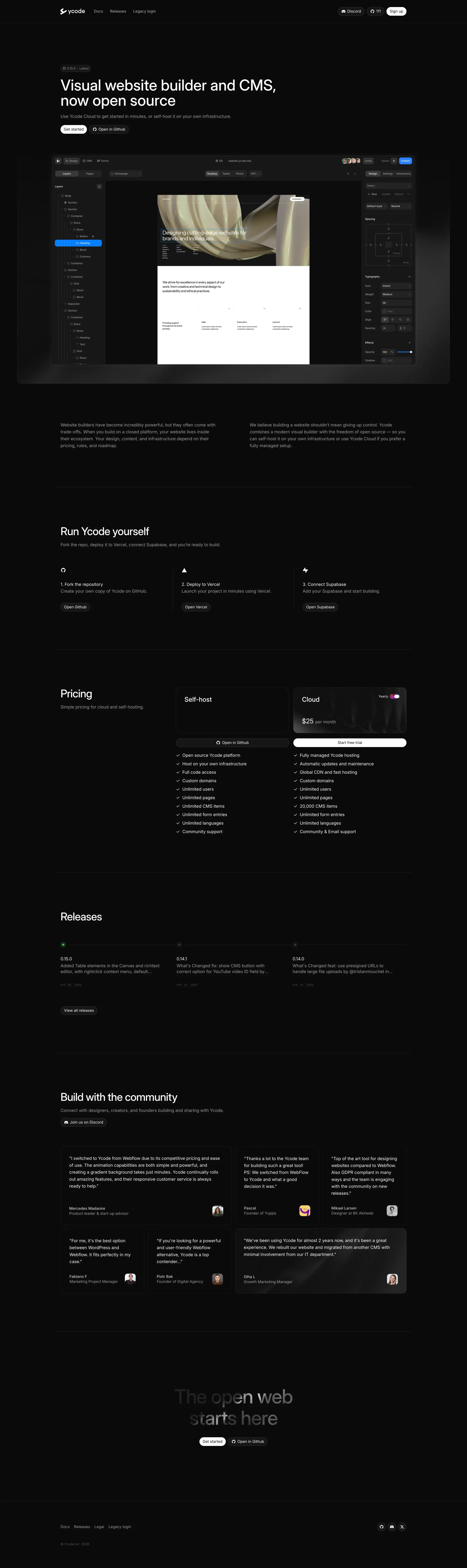 Ycode - Open source website builder and portfolio page screenshot showcasing Design and Tech design