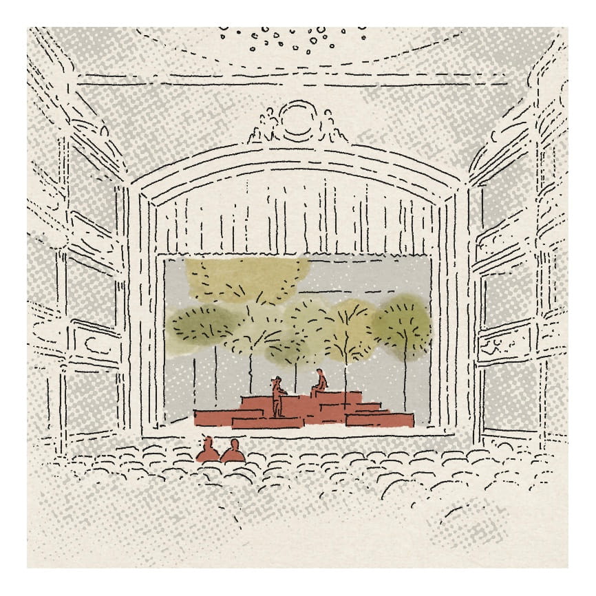 A detailed mural depicting an interior space with trees, people, and architectural features in soft colors.